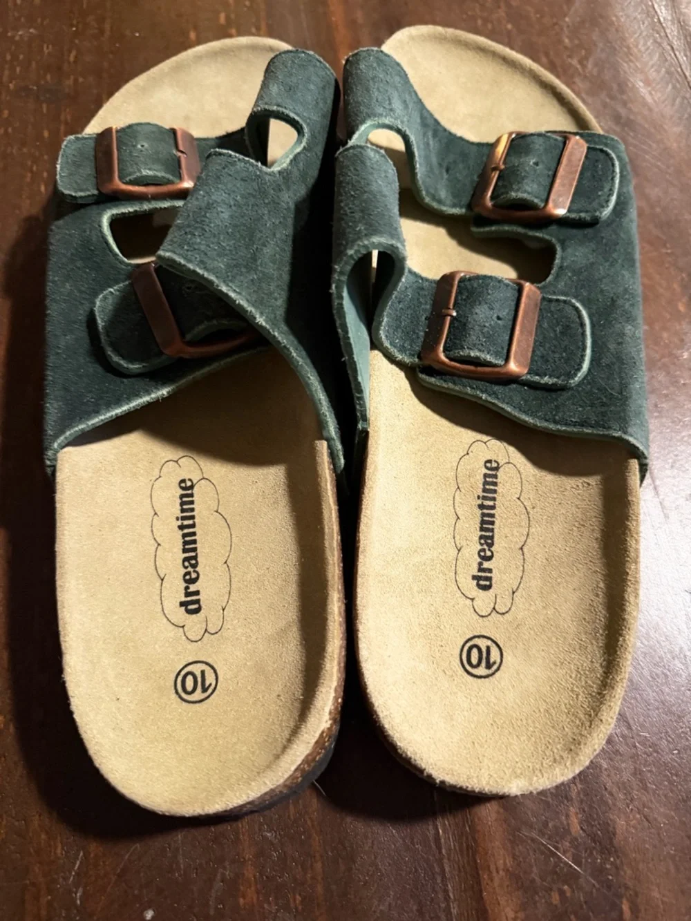New Suede Forest Green Double Buckle Slide Sandals by DreamTime - Size 10W